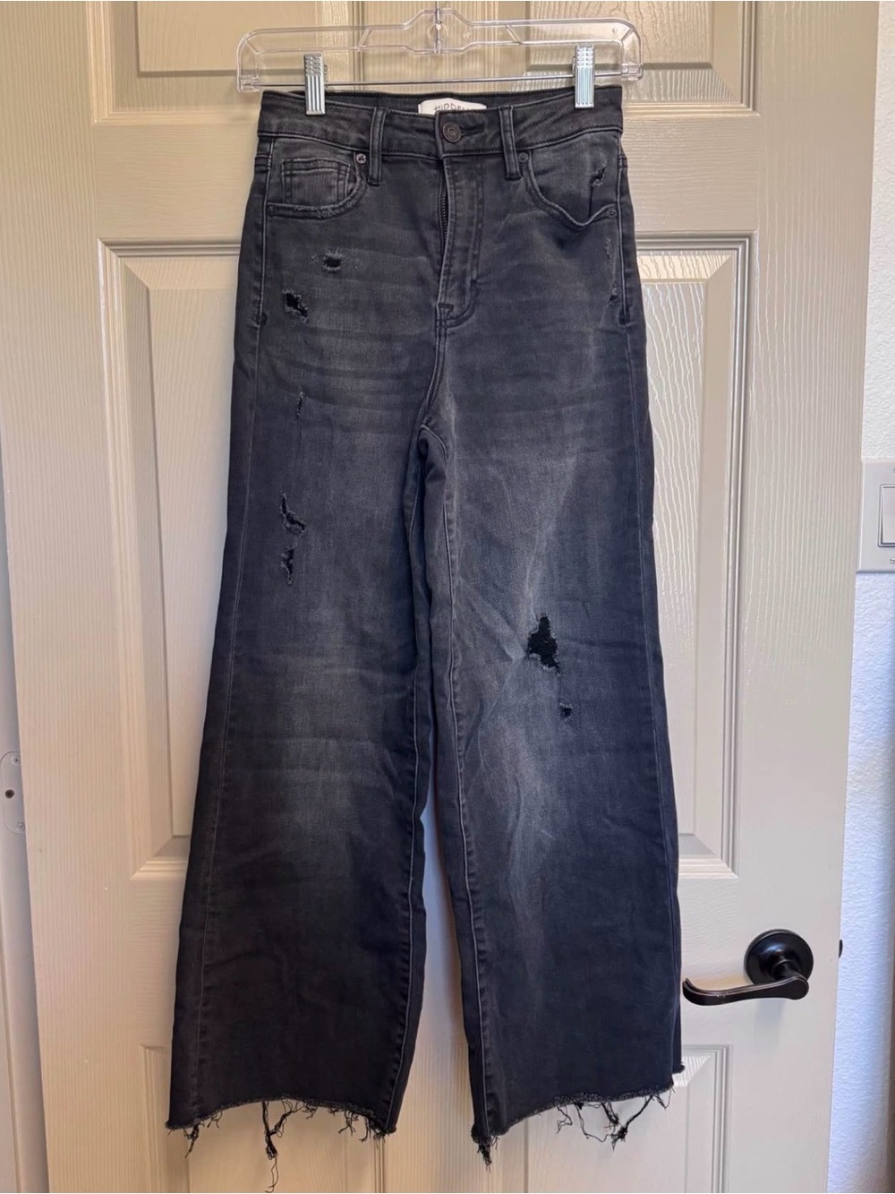 Hidden Jeans - Frayed Hem High-Rise Wide-Leg Distressed Jeans - Black